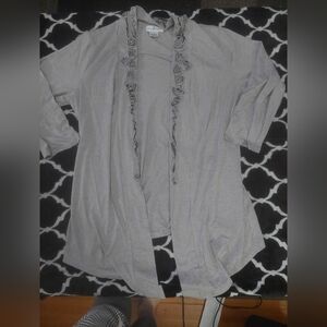 Once again Gray Open Front Cardigan with Floral Trim‎